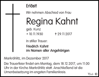 Traueranzeige von Regina Kahnt von WVG - Wochenspiegel NMB / WSF / ZTZ