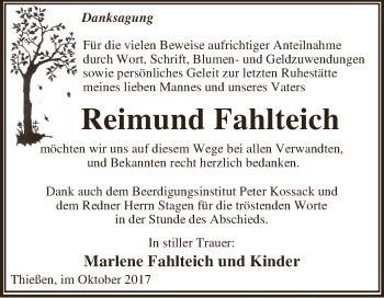 Traueranzeige von Reimund Fahlteich von WVG - Wochenspiegel Dessau / Köthen