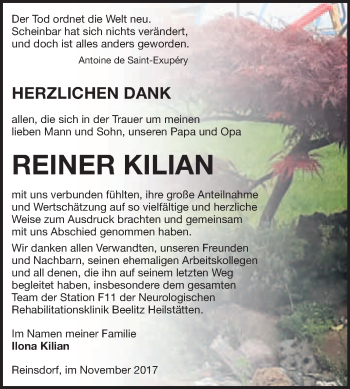 Traueranzeige von Reiner Kilian von WVG - Wochenspiegel Wittenberg