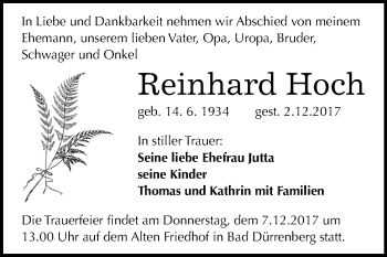 Traueranzeige von Reinhard Hoch von Mitteldeutsche Zeitung Merseburg/Querfurt