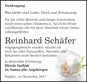 Traueranzeige von Reinhard Schäfer von Mitteldeutsche Zeitung