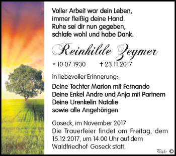 Traueranzeige von Reinhilde Zeymer von WVG - Wochenspiegel NMB / WSF / ZTZ