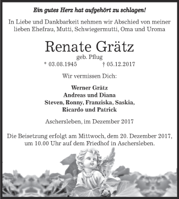 Traueranzeige von Renate Grätz von Super Sonntag Aschersleben