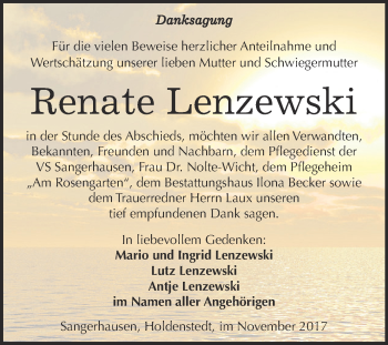 Traueranzeige von Renate Lenzewski von Super Sonntag SGH Mansf. Land