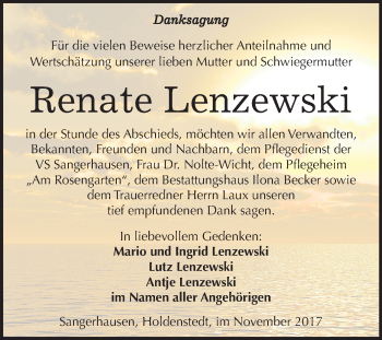 Traueranzeige von Renate Lenzewski von Mitteldeutsche Zeitung Sangerhausen
