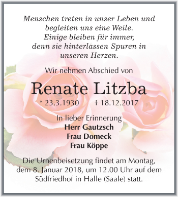 Traueranzeige von Renate Litzba von Mitteldeutsche Zeitung Halle/Saalkreis