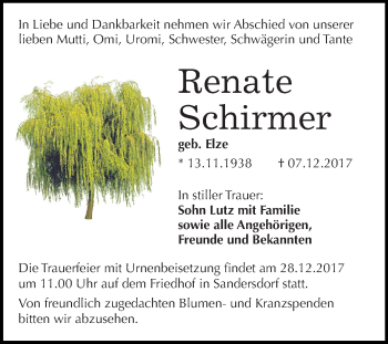 Traueranzeige von Renate Schirmer von Mitteldeutsche Zeitung Bitterfeld