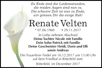 Traueranzeige von Renate Velten von Mitteldeutsche Zeitung Bitterfeld