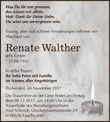 Traueranzeige von Renate Walther von WVG - Wochenspiegel NMB / WSF / ZTZ