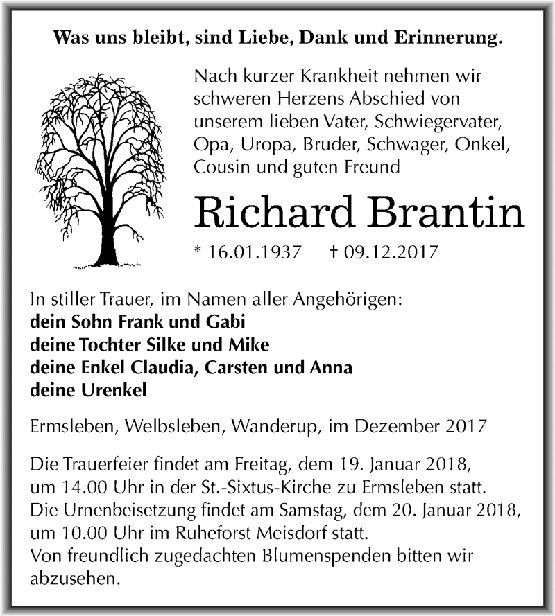  Traueranzeige für Richard Brantin vom 16.12.2017 aus Mitteldeutsche Zeitung Quedlinburg