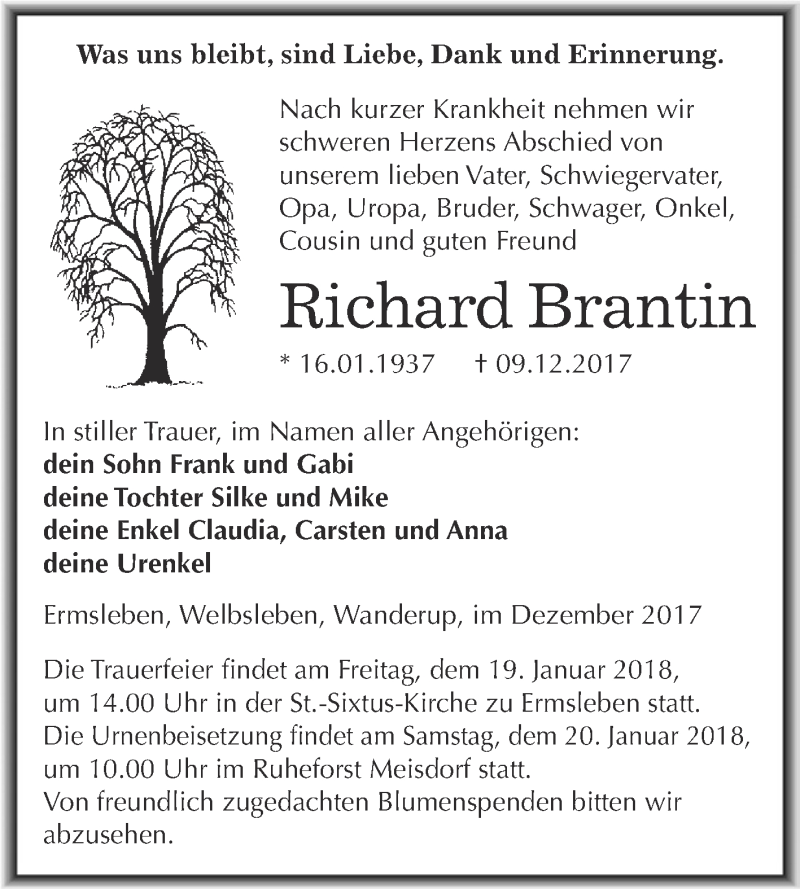  Traueranzeige für Richard Brantin vom 20.12.2017 aus Wochenspiegel Mansfelder Land