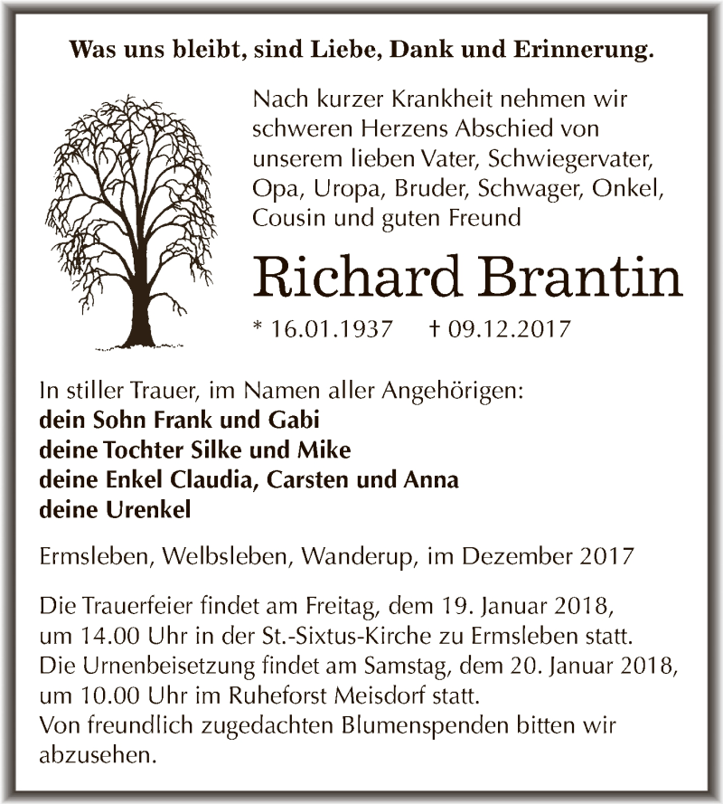  Traueranzeige für Richard Brantin vom 20.12.2017 aus Wochenspiegel Mansfelder Land