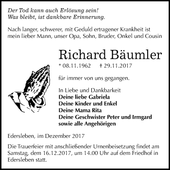 Traueranzeige von Richard Bäumler von Mitteldeutsche Zeitung Sangerhausen