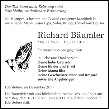 Traueranzeige von Richard Bäumler von WVG - Wochenspiegel SGH
