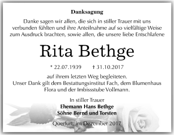 Traueranzeige von Rita Bethge von Mitteldeutsche Zeitung Merseburg/Querfurt
