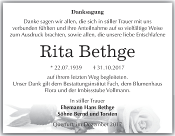 Traueranzeige von Rita Bethge von WVG - Wochenspiegel Merseburg