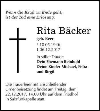 Traueranzeige von Rita Bäcker von Mitteldeutsche Zeitung Bitterfeld