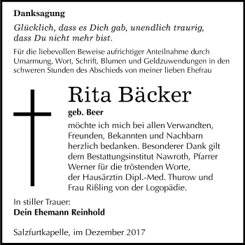 Traueranzeige von Rita Bäcker von Mitteldeutsche Zeitung Bitterfeld