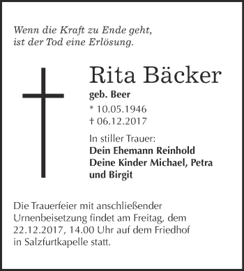 Traueranzeige von Rita Bäcker von WVG - Wochenspiegel Bitterfeld