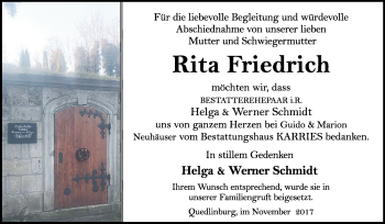 Traueranzeige von Rita Friedrich von Mitteldeutsche Zeitung Quedlinburg