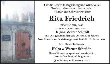Traueranzeige von Rita Friedrich von WVG - Wochenspiegel Quedlinburg