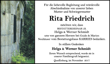 Traueranzeige von Rita Friedrich von Mitteldeutsche Zeitung Quedlinburg