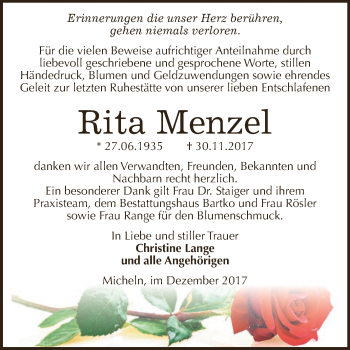 Traueranzeige von Rita Menzel von WVG - Wochenspiegel Dessau / Köthen