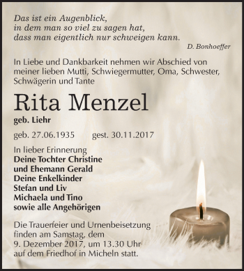 Traueranzeige von Rita Menzel von Mitteldeutsche Zeitung Köthen
