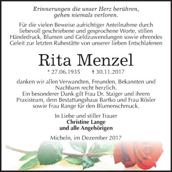 Traueranzeige von Rita Menzel von Mitteldeutsche Zeitung Köthen