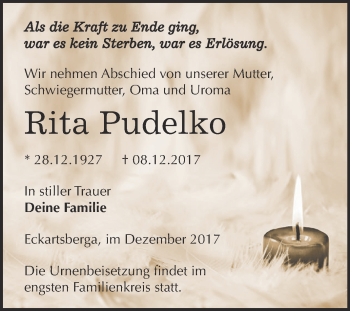 Traueranzeige von Rita Pudelko von WVG - Wochenspiegel NMB / WSF / ZTZ