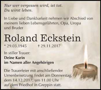 Traueranzeige von Roland Eckstein von WVG - Wochenspiegel Bitterfeld