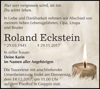 Traueranzeige von Roland Eckstein von Mitteldeutsche Zeitung Bitterfeld