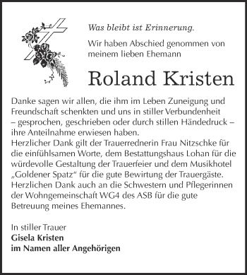Traueranzeige von Roland Kristen von WVG - Wochenspiegel Bitterfeld