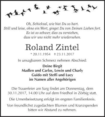 Traueranzeige von Roland Zintel von WVG - Wochenspiegel Bitterfeld