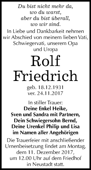 Traueranzeige von Rolf Friedrich von Mitteldeutsche Zeitung Halle/Saalkreis