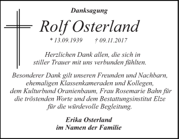 Traueranzeige von Rolf Osterland von WVG - Wochenspiegel Dessau / Köthen