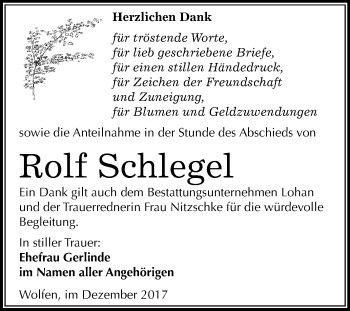 Traueranzeige von Rolf Schlegel von Mitteldeutsche Zeitung Bitterfeld