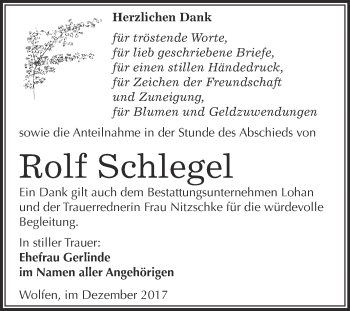 Traueranzeige von Rolf Schlegel von WVG - Wochenspiegel Bitterfeld