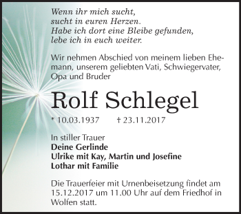 Traueranzeige von Rolf Schlegel von Mitteldeutsche Zeitung Bitterfeld