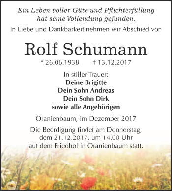 Traueranzeige von Rolf Schumann von WVG - Wochenspiegel Wittenberg