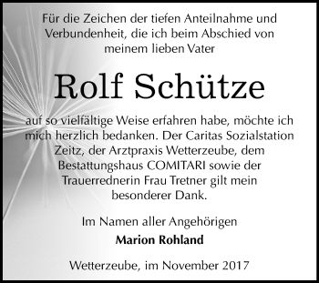 Traueranzeige von Rolf Schütze von Mitteldeutsche Zeitung Zeitz