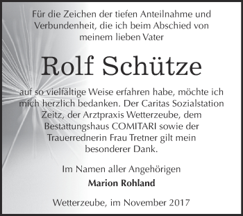 Traueranzeige von Rolf Schütze von Super Sonntag Zeitz
