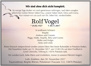 Traueranzeige von Rolf Vogel von Super Sonntag SGH Mansf. Land
