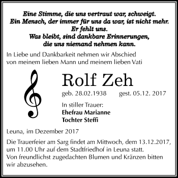 Traueranzeige von Rolf Zeh von Mitteldeutsche Zeitung Merseburg/Querfurt