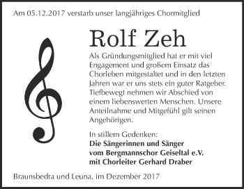 Traueranzeige von Rolf Zeh von WVG - Wochenspiegel Merseburg