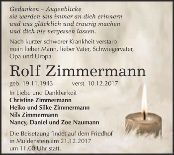 Traueranzeige von Rolf Zimmermann von WVG - Wochenspiegel Bitterfeld