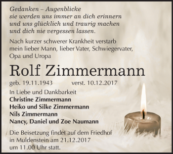 Traueranzeige von Rolf Zimmermann von Mitteldeutsche Zeitung Bitterfeld