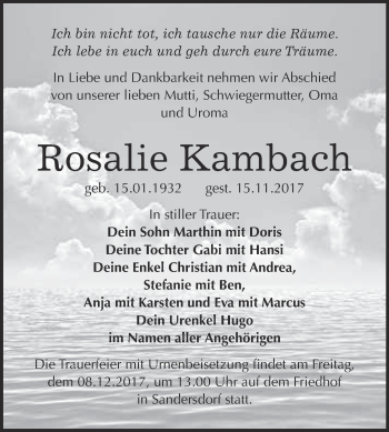 Traueranzeige von Rosalie Kambach von WVG - Wochenspiegel Bitterfeld