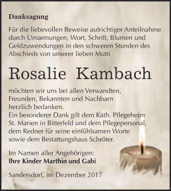 Traueranzeige von Rosalie Kambach von WVG - Wochenspiegel Bitterfeld