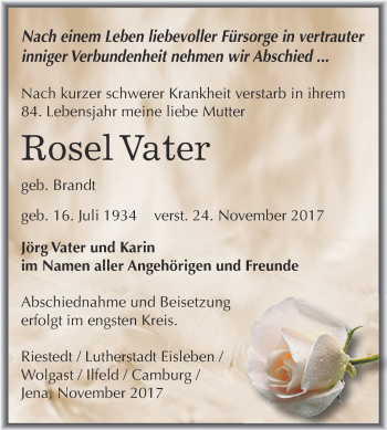 Traueranzeige von Rosel Vater von Super Sonntag SGH Mansf. Land